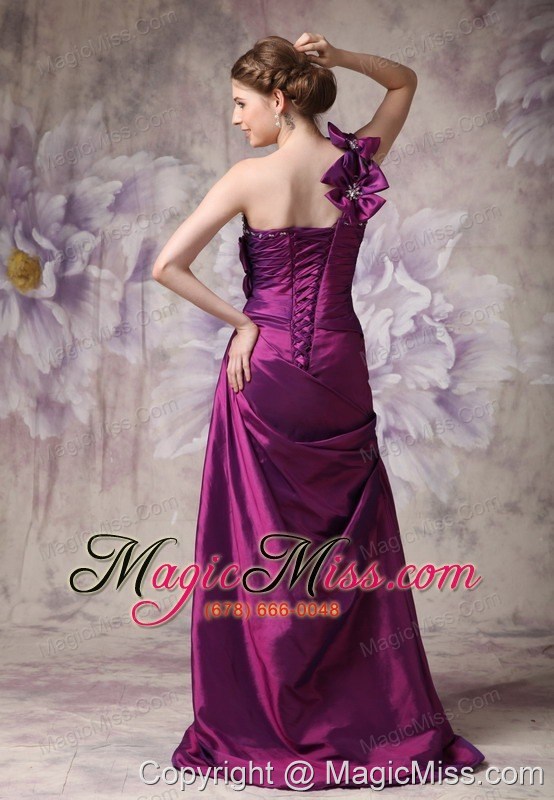 wholesale beautiful eggplant purple column one shoulder prom dress taffeta beading and hand made flowers floor-length