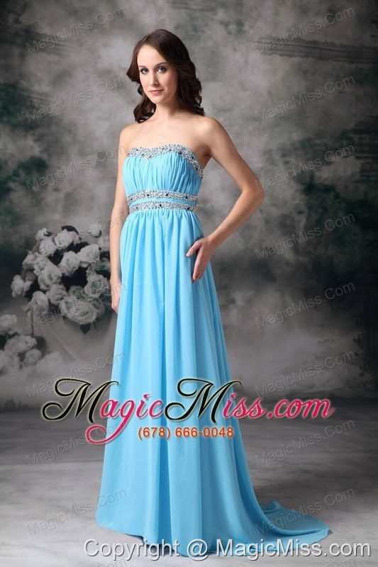 wholesale customize baby blue empire strapless prom / evening dress chiffon beading brush train