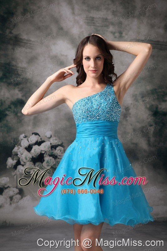 wholesale aqua blue a-line one shouleder mini-length organza beading prom / homecoming dress