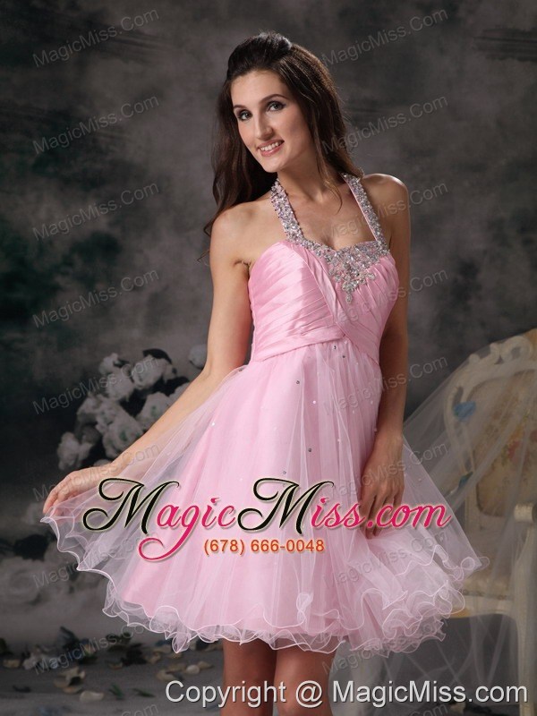 wholesale pink column straps mini-length organza beading prom dress