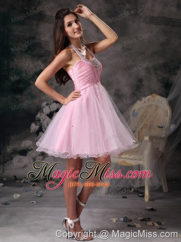 wholesale pink column straps mini-length organza beading prom dress