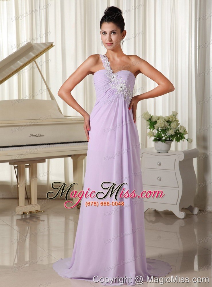 wholesale appliques decorate one shoulder lilac brush train for 2013 prom dress