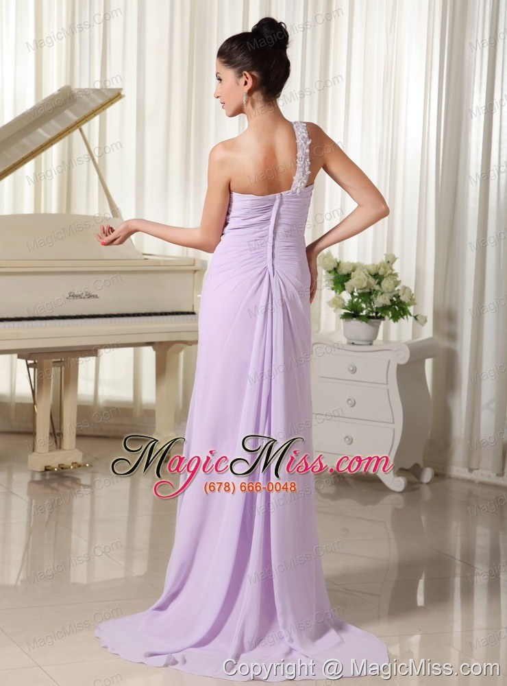 wholesale appliques decorate one shoulder lilac brush train for 2013 prom dress
