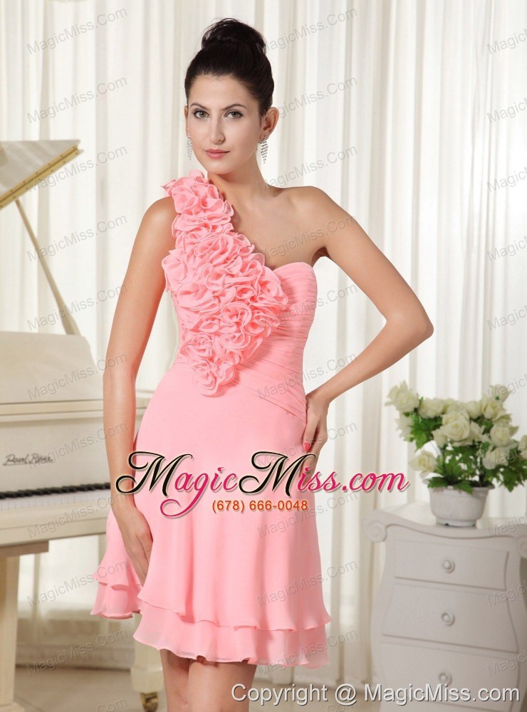 wholesale hand made flowers decorate shoulder and bust watermelon chiffon pretty homecoming dress
