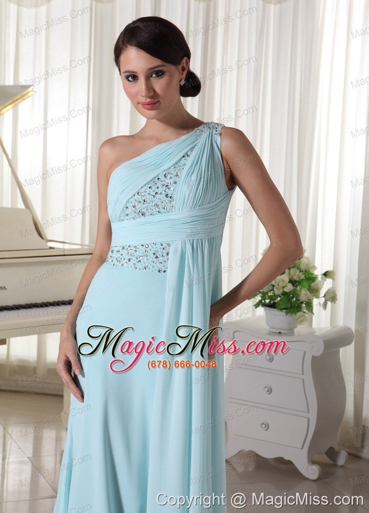 wholesale one shoulder chiffon beaded prom dress for custom made light blue
