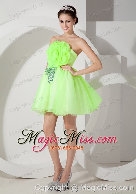 wholesale spring green a-line strapless mini-length organza hand made flowers prom dress