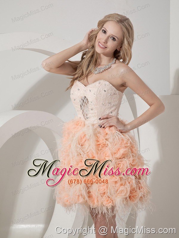 wholesale pink column sweetheart mini-length organza and lace beading and hand made flowers prom dress