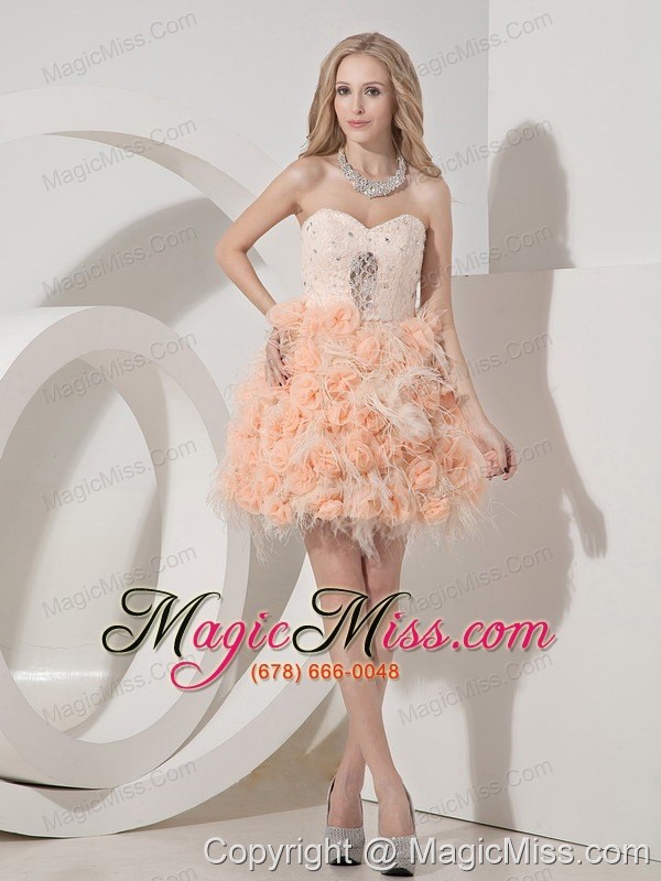 wholesale pink column sweetheart mini-length organza and lace beading and hand made flowers prom dress