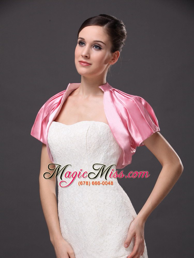 wholesale high-neck satin rose pink short sleeves jacket for other formal occasions with ruch decorate