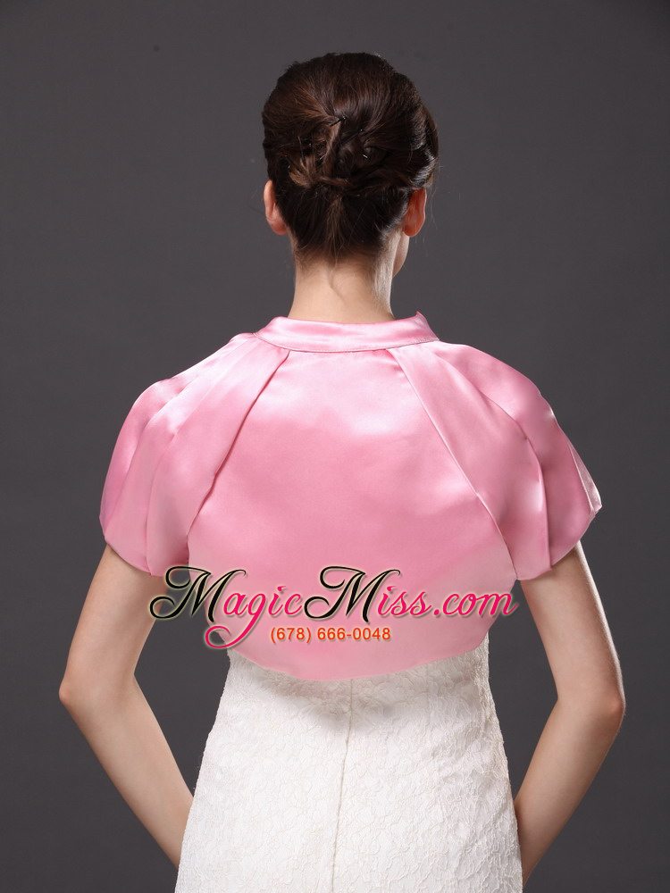 wholesale high-neck satin rose pink short sleeves jacket for other formal occasions with ruch decorate