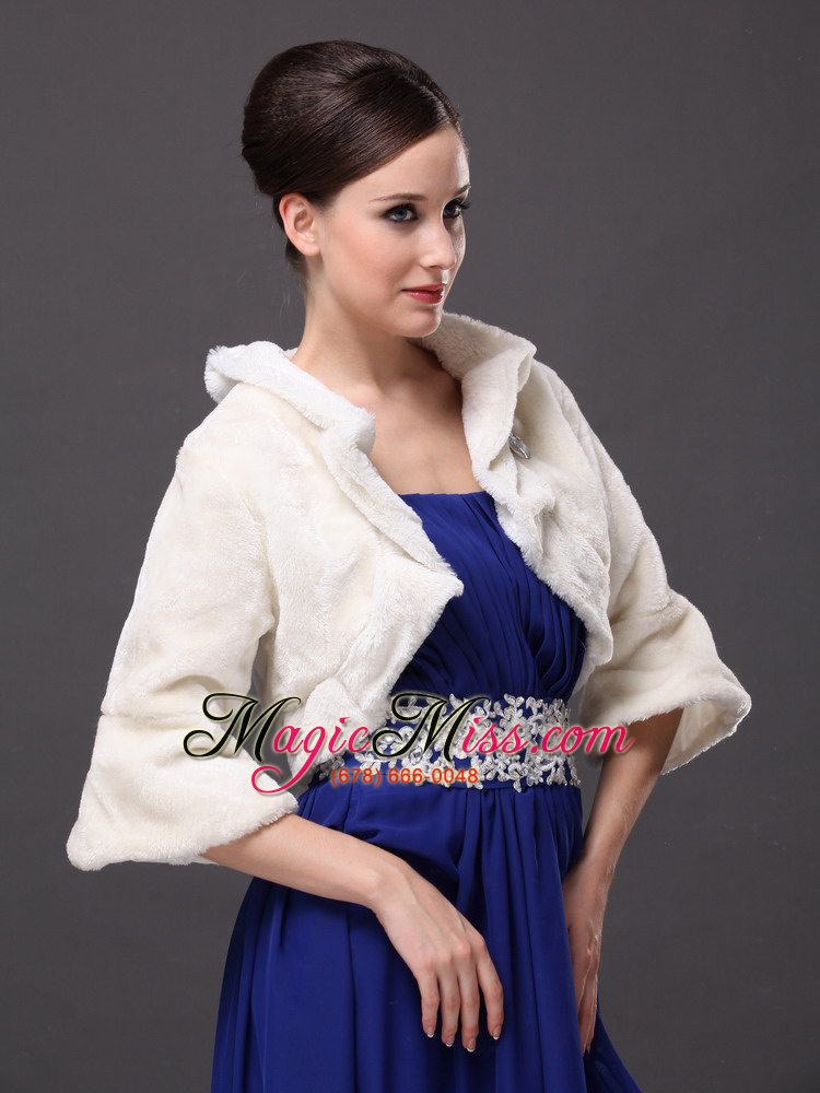 wholesale white faux fur open front fold-over collar prom jacket