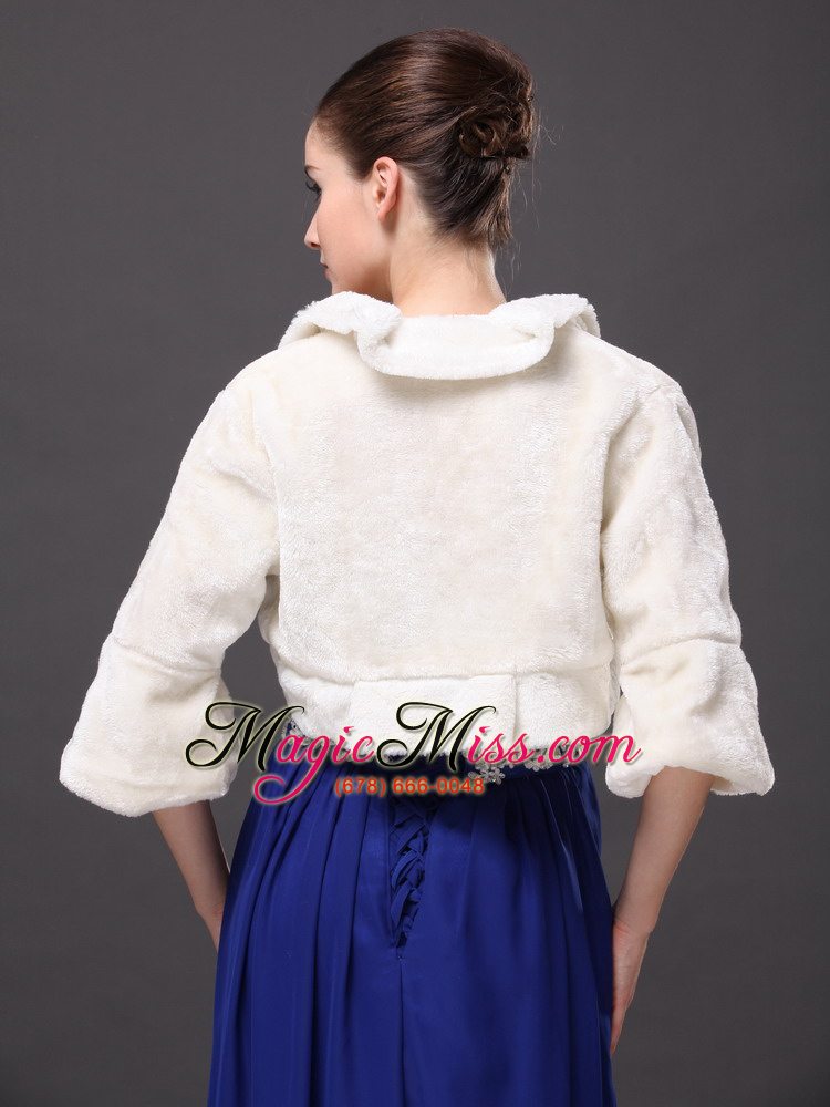 wholesale white faux fur open front fold-over collar prom jacket