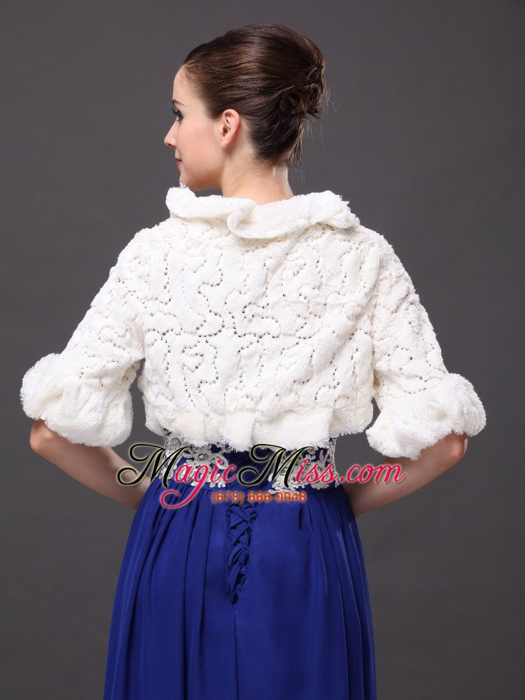 wholesale white faux fur bowknot fold-over collar prom jacket