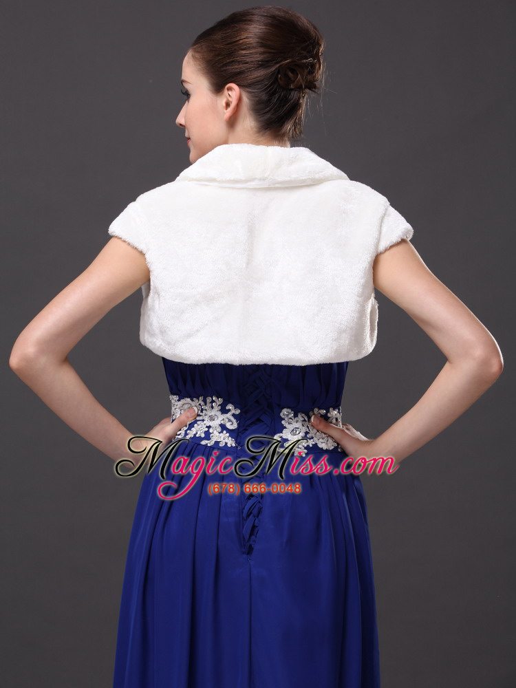 wholesale faux fur wedding affordable short sleeves v-neck prom and wedding party jacket white