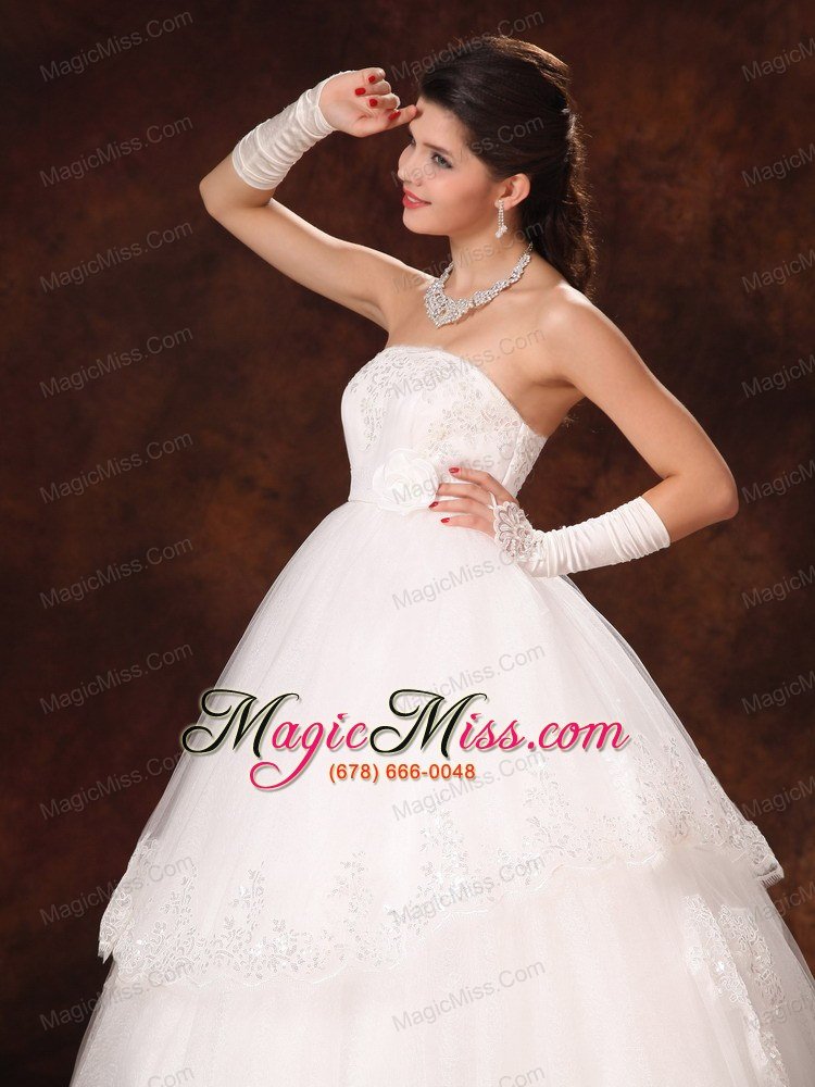 wholesale designer ball gown strapless appliques and hand made flower church wedding dress for 2013 custom made