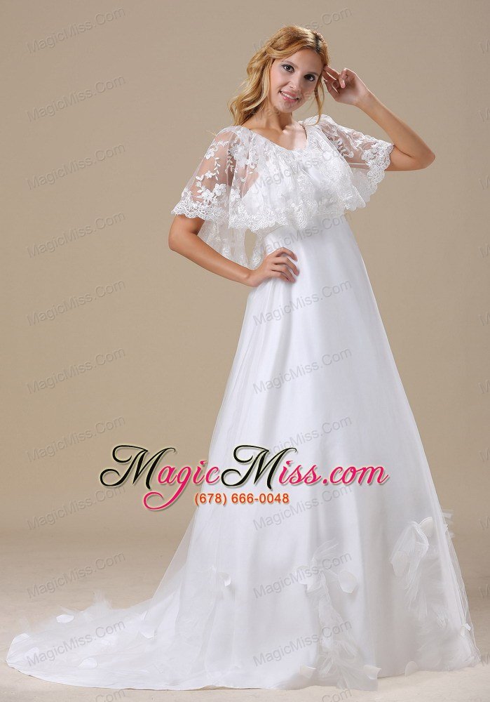 wholesale v-neck custom made lace for wedding dress short sleeves brush train