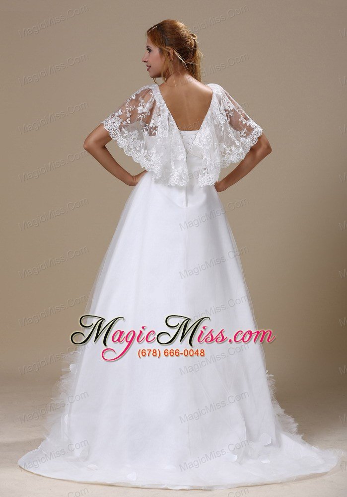 wholesale v-neck custom made lace for wedding dress short sleeves brush train