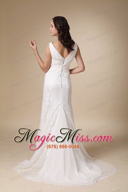 wholesale fashionable column v-neck brush train chiffon and lace ruch wedding dress