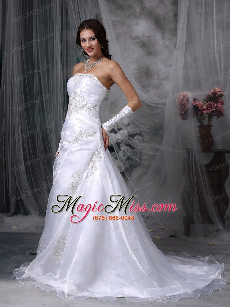 wholesale beautiful a-line strapless court train organza appliques wedding dress