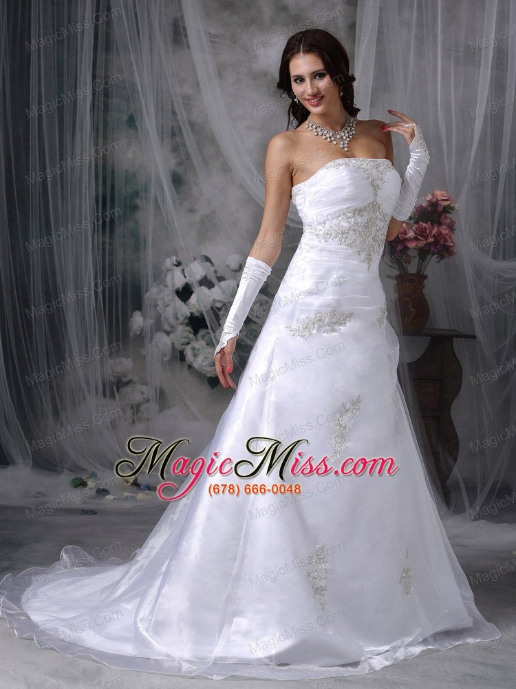wholesale beautiful a-line strapless court train organza appliques wedding dress