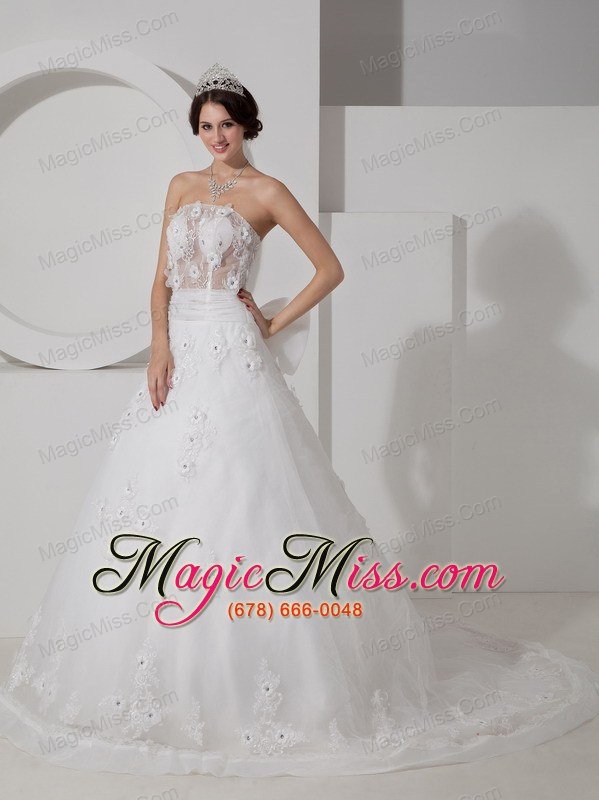 wholesale pretty a-line strapless court traintulle beading and appliques wedding dress