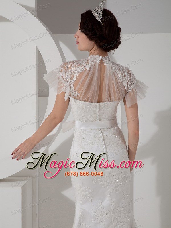 wholesale fashionable column high-neck brush train satin lace and sash wedding dress