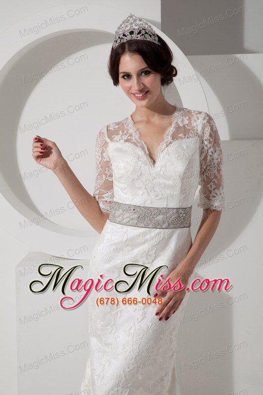 wholesale informal column v-neck brush train satin lace and belt wedding dress