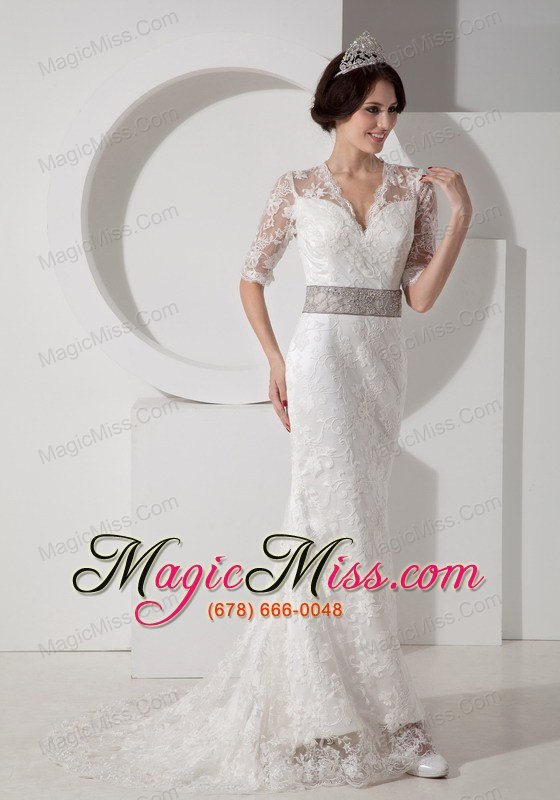 wholesale informal column v-neck brush train satin lace and belt wedding dress