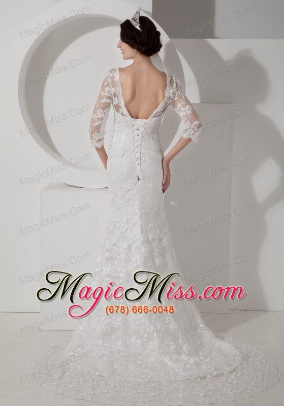 wholesale low price mermaid v-neck brush train satin lace wedding dress