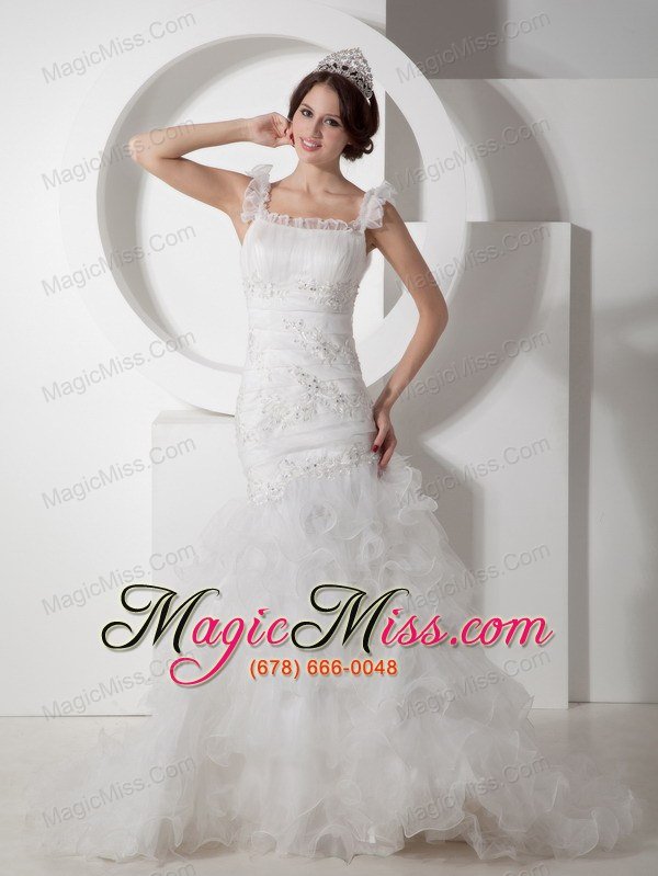 wholesale beautiful mermaid straps court train organza ruch and appliques wedding dress