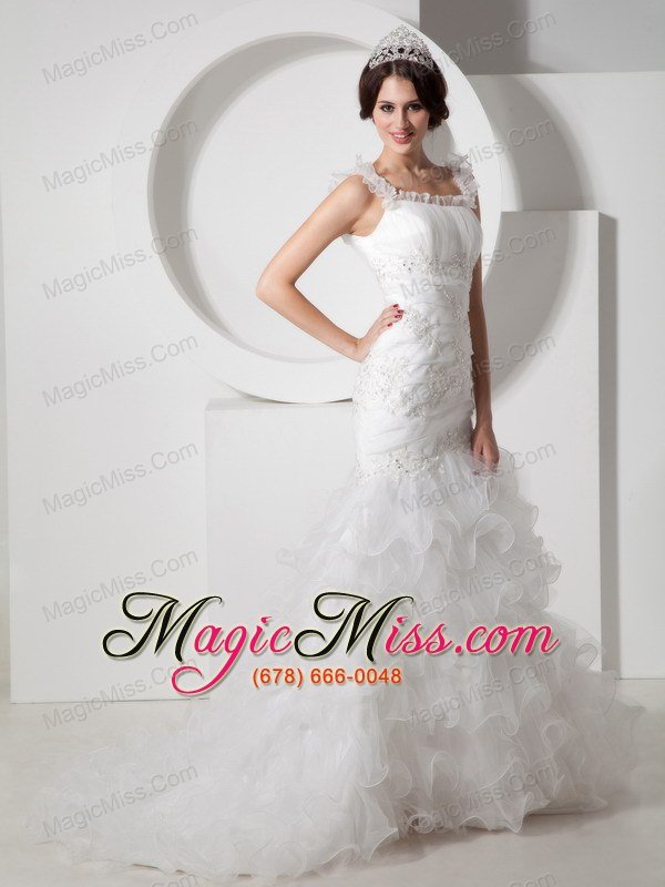 wholesale beautiful mermaid straps court train organza ruch and appliques wedding dress