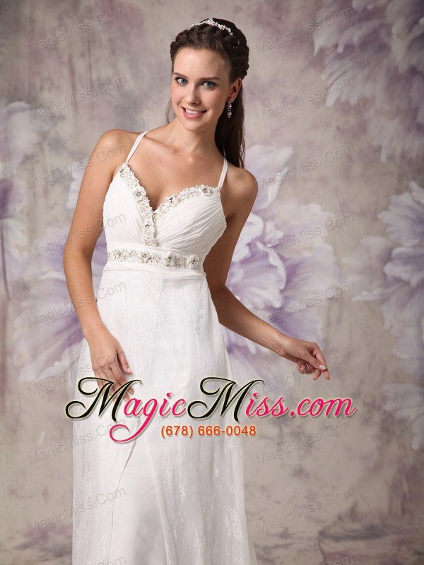 wholesale low price column / sheath spaghetti straps brush train lace beading wedding dress