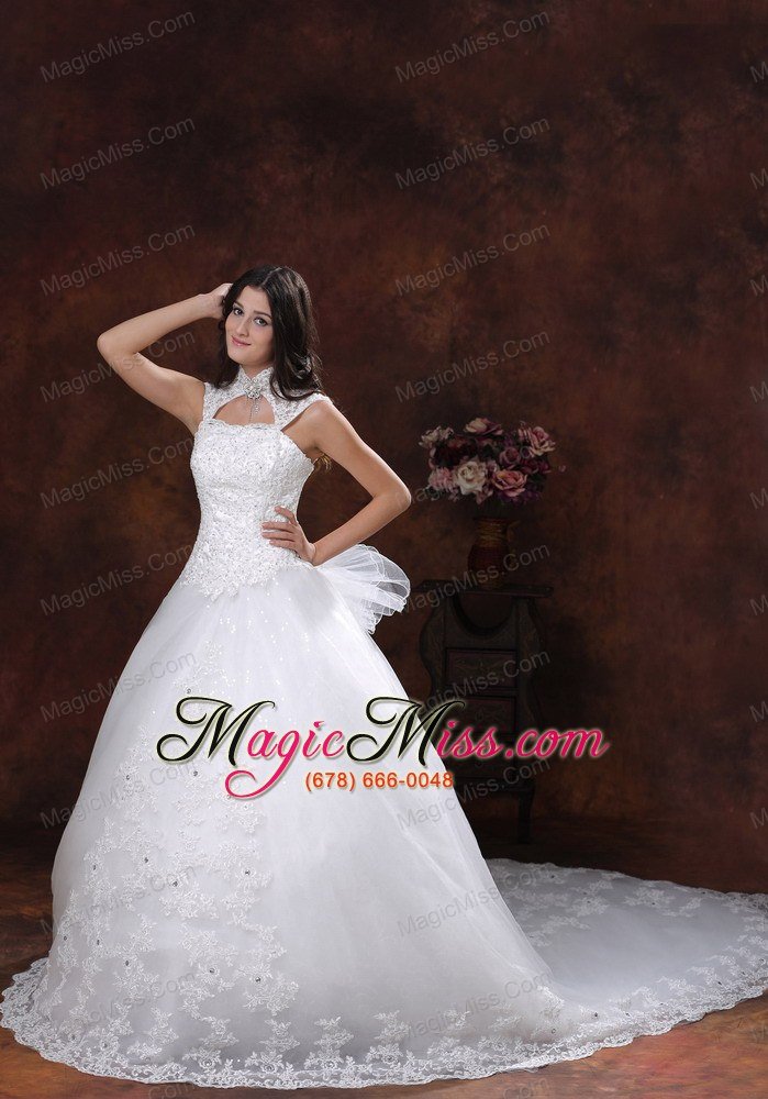 wholesale custom made high neckline wedding dress with chapel train lace over shirt in cottonwood arizona