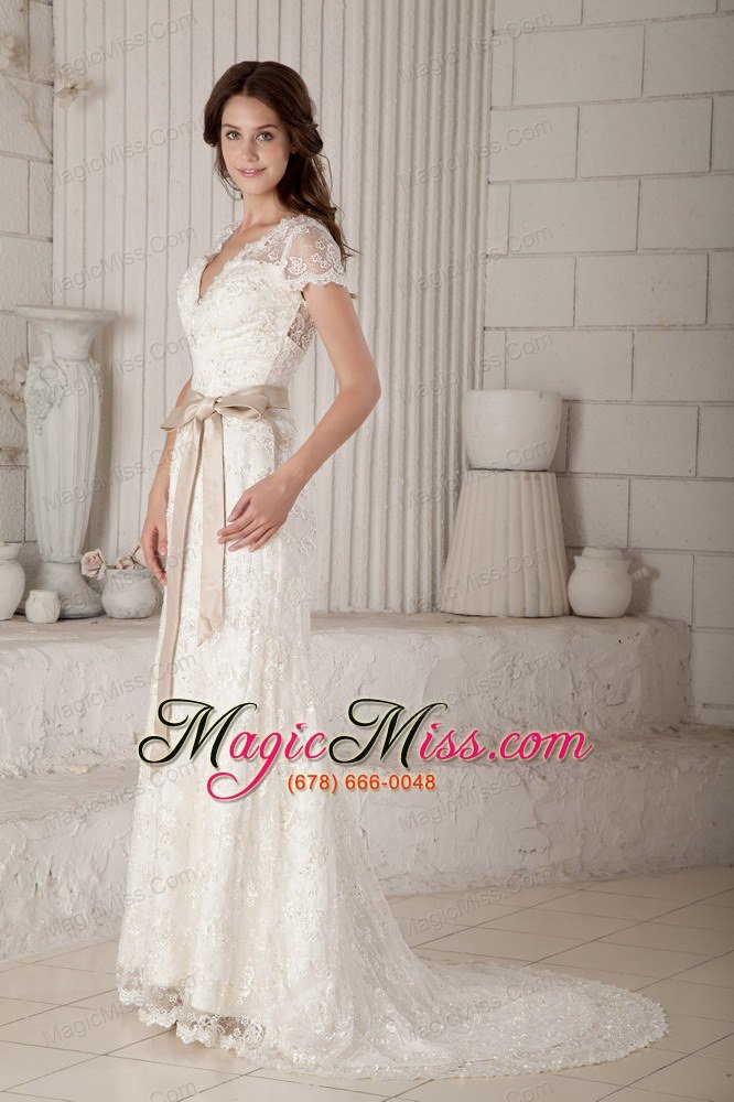 wholesale pretty column / sheath v-neck brush train lace bow wedding dress
