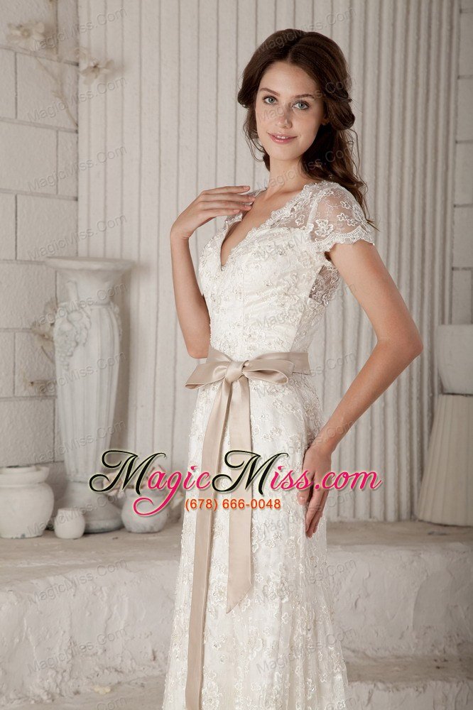 wholesale pretty column / sheath v-neck brush train lace bow wedding dress