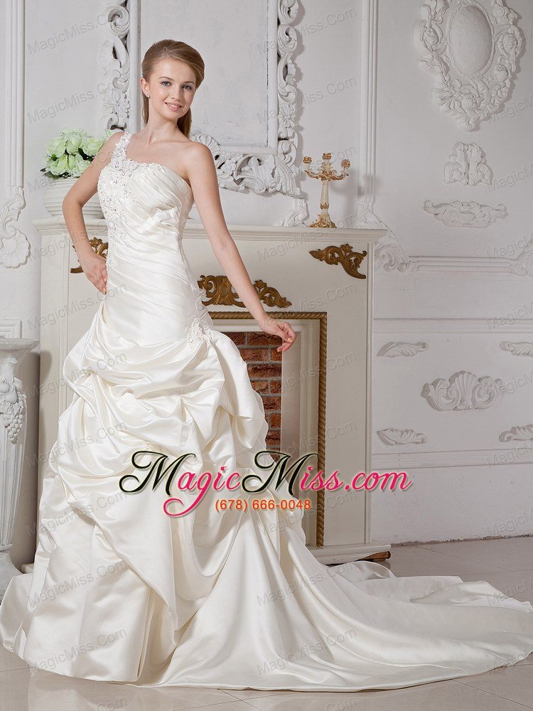 wholesale wonderful a-line one shoulder court train taffeta appliques wedding dress