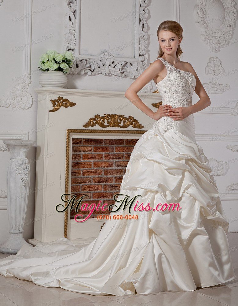 wholesale wonderful a-line one shoulder court train taffeta appliques wedding dress