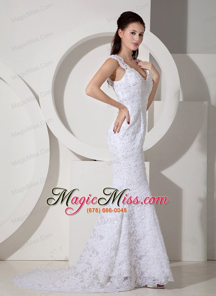 wholesale brand new mermaid v-neck brush train lace beading wedding dress