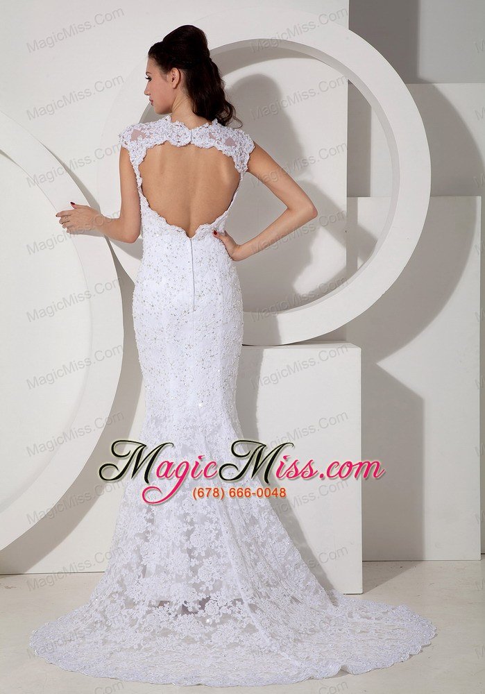 wholesale brand new mermaid v-neck brush train lace beading wedding dress