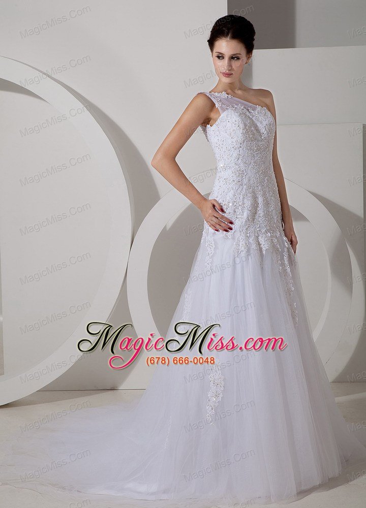 wholesale lovely a-line one shoulder court train tulle lace wedding dress