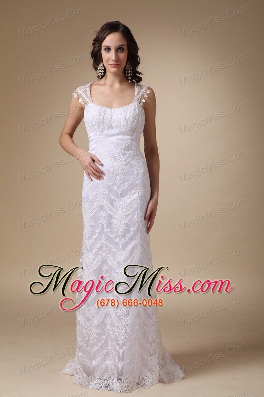 wholesale fashionable column square brush train satin and lace wedding dress