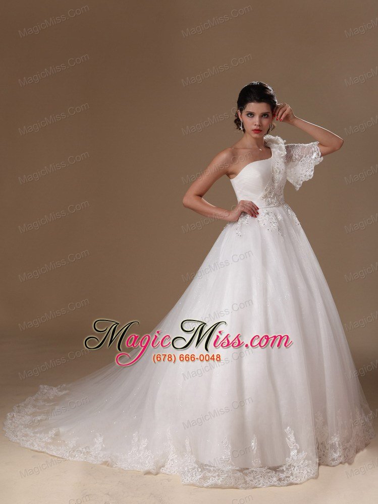 wholesale ball gown one shoulder court train one sleeve tulle wedding dress for custom made in 2013