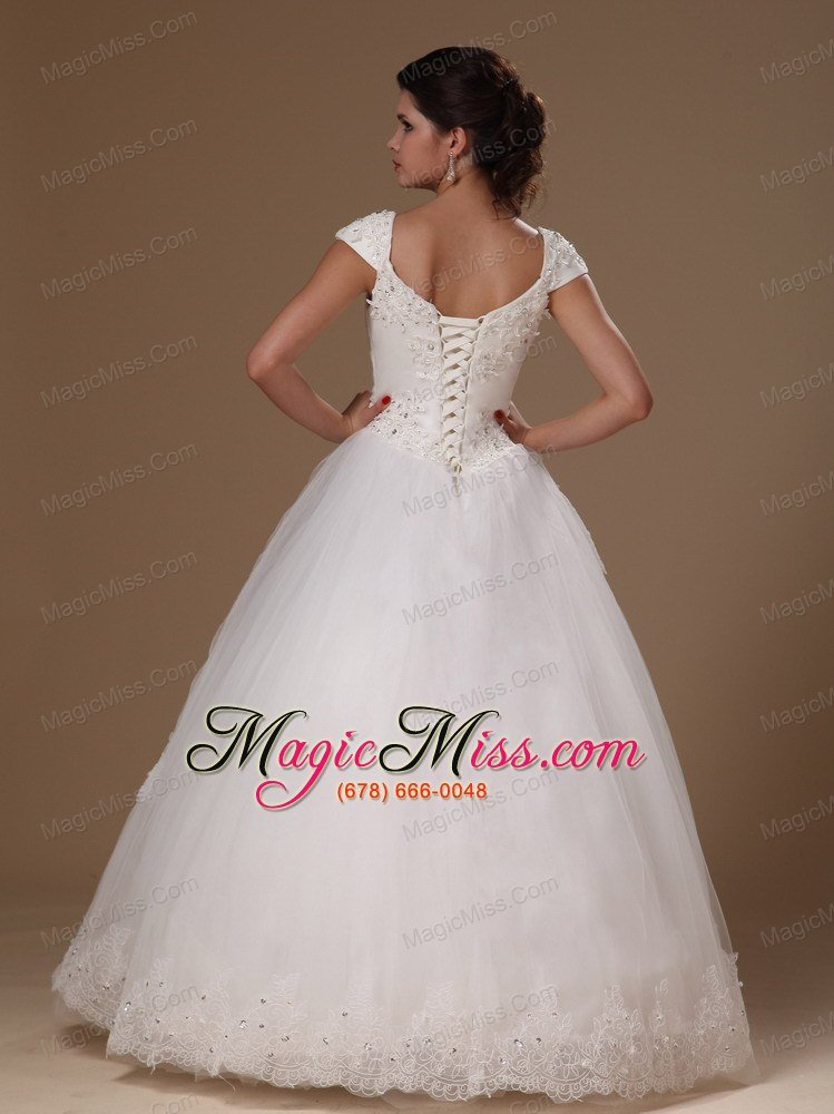 wholesale scoop a-line short sleves appliques floor-length perfect taffeta and tulle wedding dress for customize