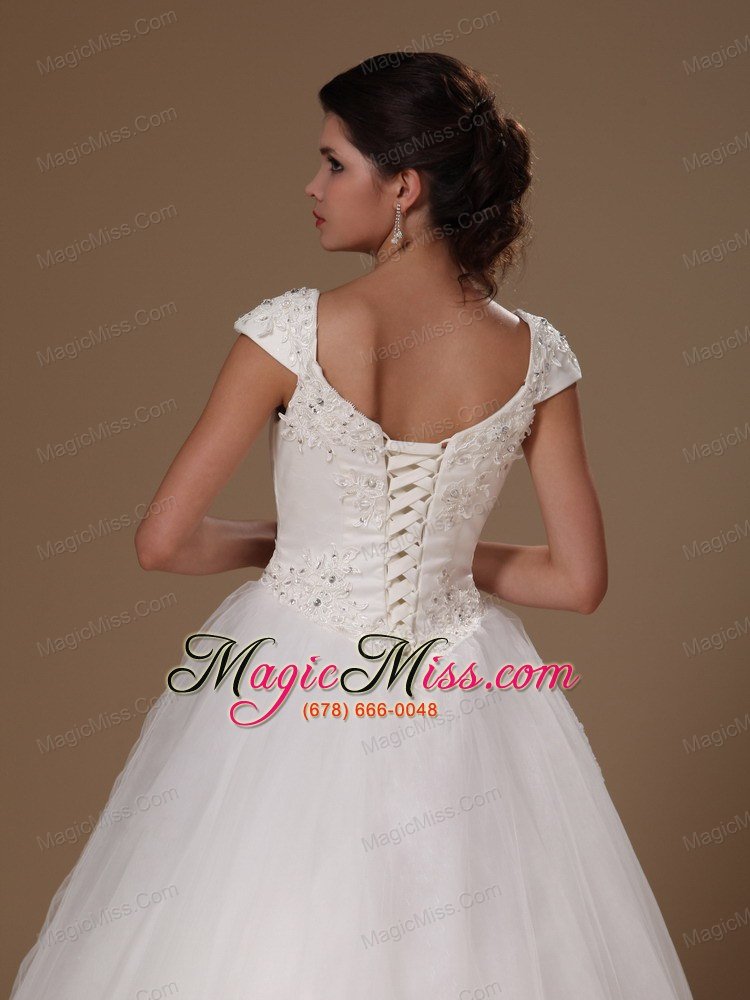 wholesale scoop a-line short sleves appliques floor-length perfect taffeta and tulle wedding dress for customize