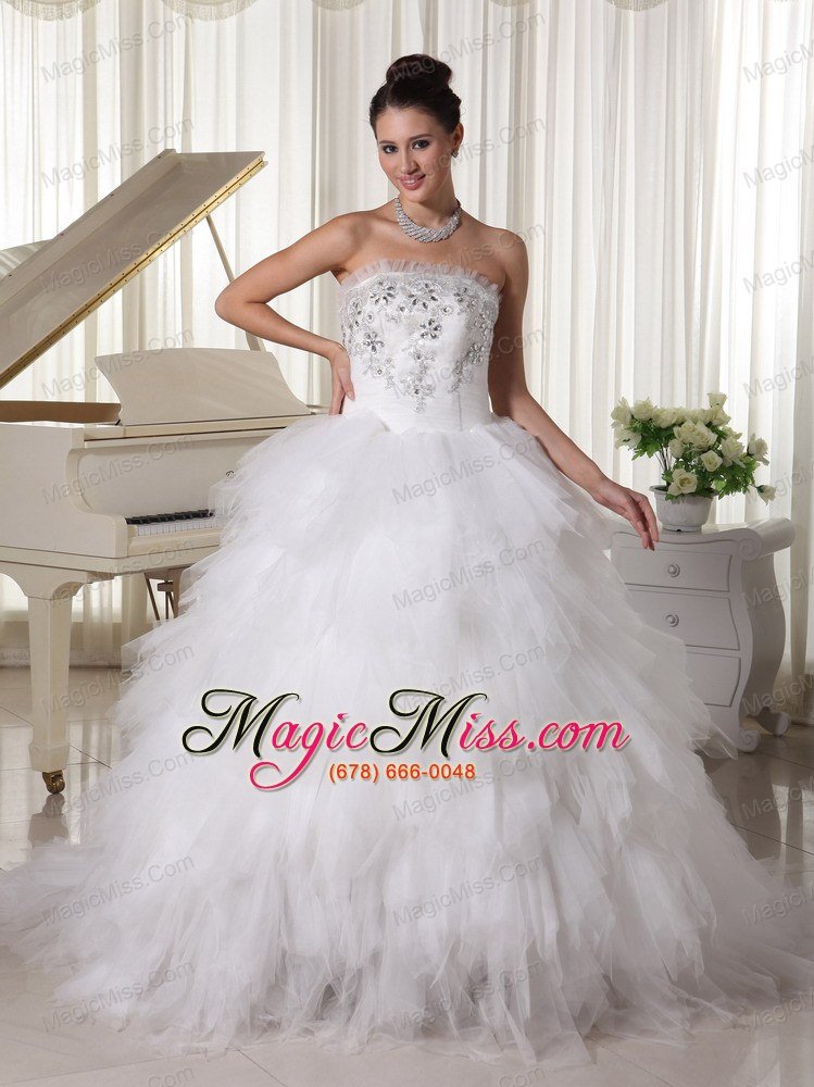 wholesale tulle ruffles popular wedding dress a-line strapless sweep brush beaded decorate up bodice