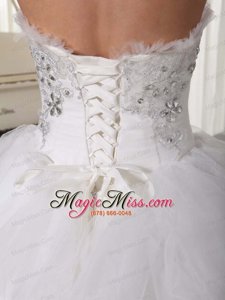 wholesale tulle ruffles popular wedding dress a-line strapless sweep brush beaded decorate up bodice