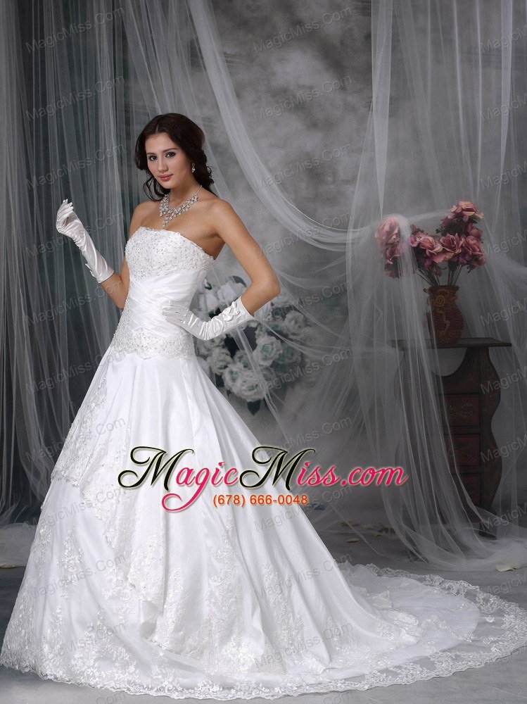 wholesale perfect a-line strapless court train lace wedding dress