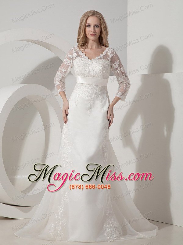 wholesale formal a-line v-neck chapel train organza lace wedding dress