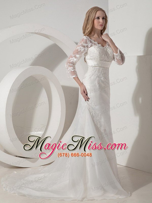 wholesale formal a-line v-neck chapel train organza lace wedding dress