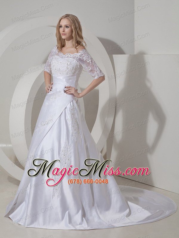 wholesale modest a-line scoop chapel train satin lace wedding dress